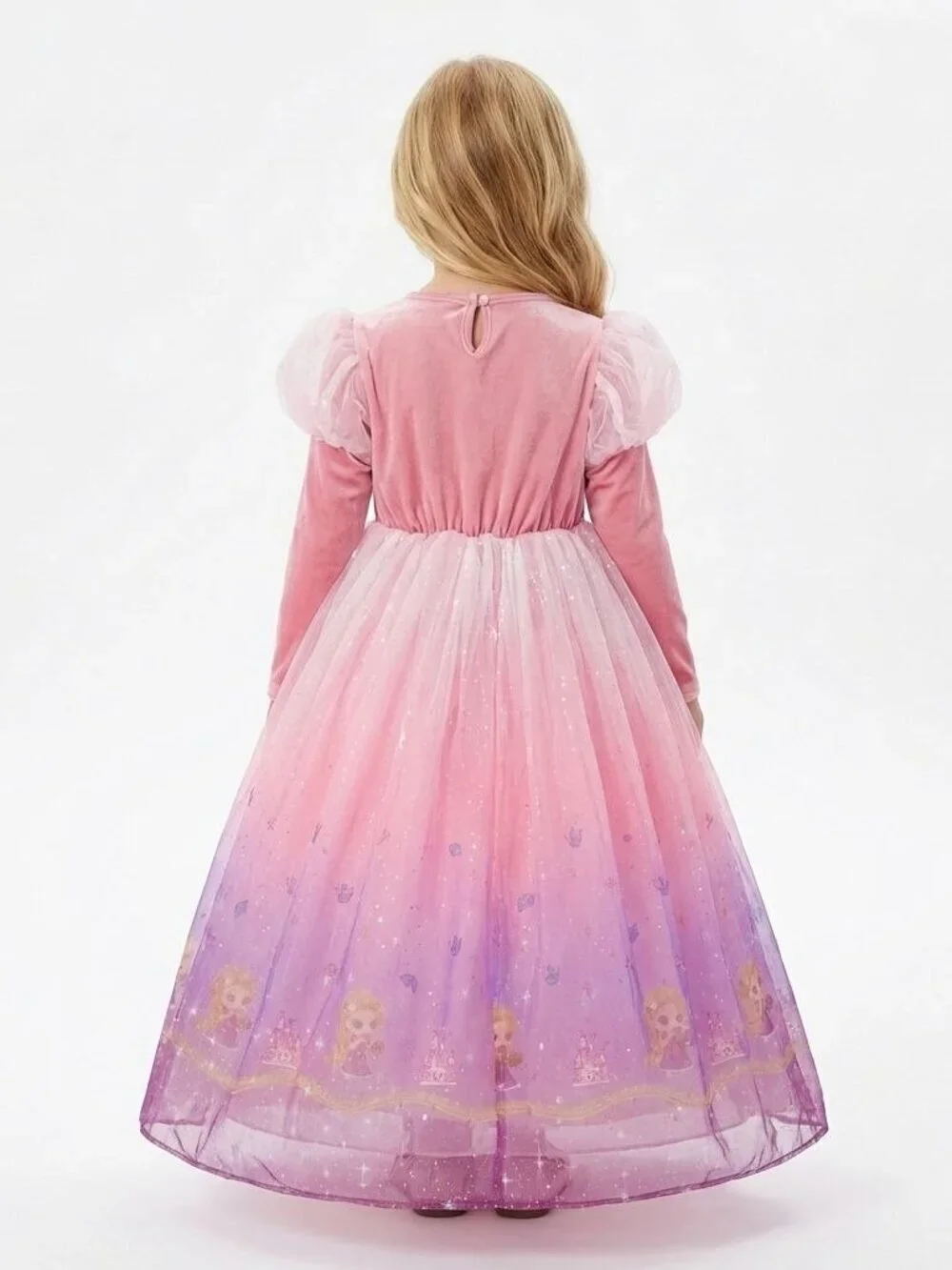 Girls Rapunzel Princess Costume Dress Pink Velvet Sequin Tulle Princess Print